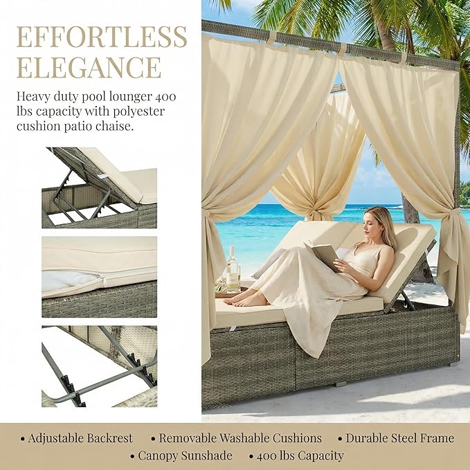 Harper & Bright Designs Adjustable Outdoor Sun Lounger with Canopy,Multi-Position Recline Patio Chair with Removable Cushion,Weather-Resistant Rattan Chaise Lounge for Poolside,Garden & Terrace,Beige