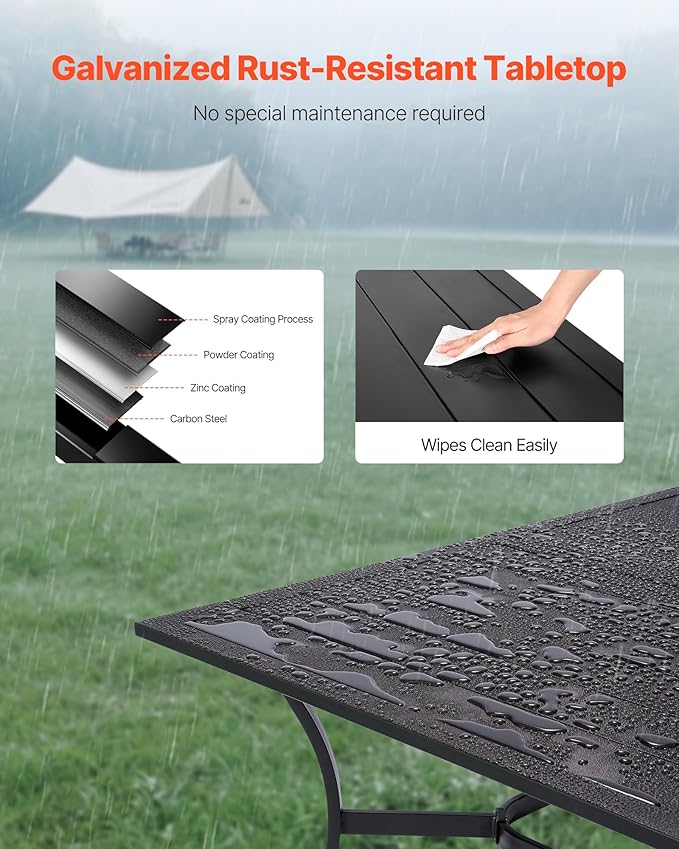 VEVOR Outdoor Patio Dining Table, 59 inch Long Rectangular Metal Steel Slat Backyard Bistro Tables for 4-6, with 1.5 in Umbrella Hole, All-Weather Large Furniture for Lawn Garden Porch, Black