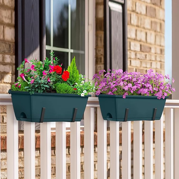 CADUKE 2 Pack Railing Planter Boxes Railing Flower Box with Adjustable Bracket 17 Inch Window Boxes Rectangle Window Deck Hanging Planters Boxes for Outdoor Patio, Green