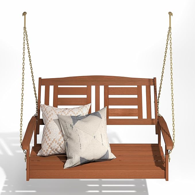 Furinno TIOMAN Porch Swing, 2-Seater Outdoor Hanging Wooden Swing with Chain in Teak Oil, for Patio, Garden, Porch, Light Wood