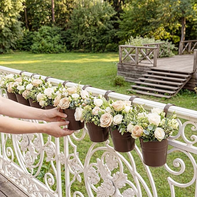 HowRU Hanging Flower Pots, Railing Planter Box for Outdoor Plants 12 Pack 5 Inch Metal Hanging Planters with Detachable Hooks Balcony Window Fence Garden Decoration Flower Boxes(Bronze(5in))