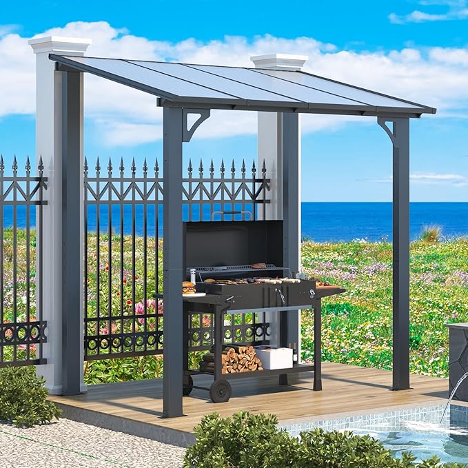 AECOJOY 8' x 5' Grill Gazebo Outdoor Pergola for Patio, 5x8 Lean to Hard Top Grill Gazebo Shelter Pergolas and Gazebos Clearance with Roof, Small Wall-Mounted Heavy Duty Awnings for Patio, Decks