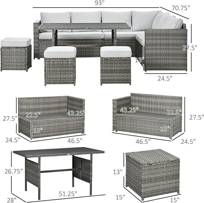 Outsunny 7 Piece Rattan Outdoor Patio Furniture Set, L-Shaped Sectional Sofa Conversation Set with Loveseats, Ottomans, Dining Table, Cushions, Storage, Mixed Gray