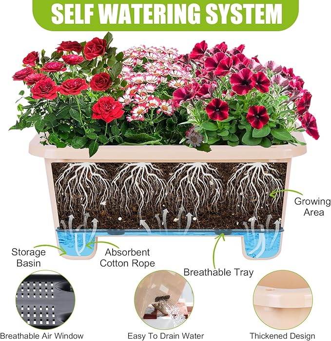 Self-Watering Rectangle Planter Boxes 8-Pack, 15.7-Inch Window Box Planter with Drainage Holes & Trays, Pots for Vegetables, Herbs, Flowers, Garden Windowsill Balcony (Yellow)