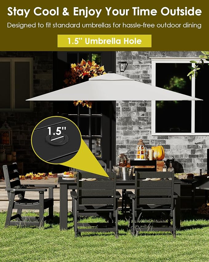 GREENVINES Outdoor Dining Table | 67’’ | HDPE | Rectangle Tables for 6 | All-Weather | Umbrella Hole | Patio Furniture | for Poolside Backyard Garden | Black