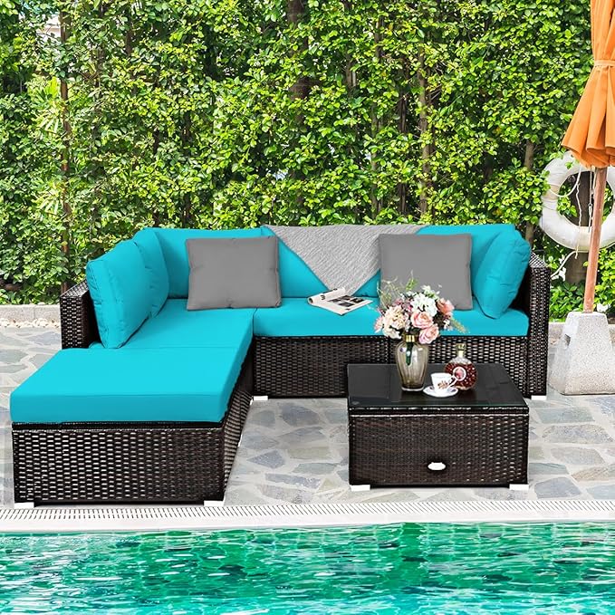 Tangkula 6 Piece Patio Furniture Set, Outdoor Deck Lawn Backyard Durable Steel Frame PE Rattan Wicker Sectional Sofa Set, Conversation Set with Coffee Table (Turquoise)