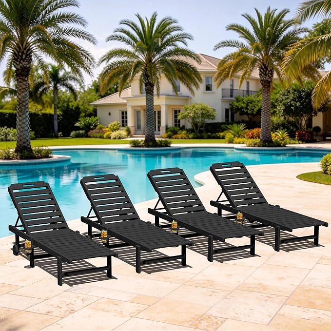 SERWALL Patio Chaise Lounge Chair Set of 4, HDPE Outdoor Lounge Chair with Cup Holder, 5 Positions Adjustable Poly Lounger with Rolling Wheels for Poolside, Deck, Sunbathing, Black