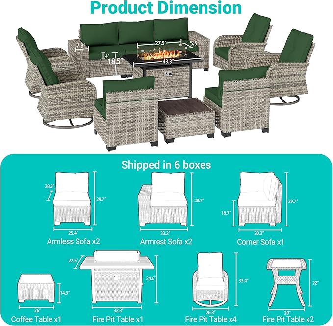 13-Piece Outdoor Patio Furniture Set with Rocking Swivel Chair, PE Wicker Rattan Sectional Sofa Patio Conversation Set with 55,000 BTU Fire Pit Table & Coffee Table, Green