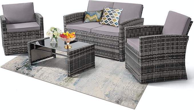 4-Piece Patio Furniture Set, Wicker Outdoor Rattan Sectional Sofa with Cushions and Glass Table, All-Weather Outdoor Conversation Set, Ideal for Garden, Porch, Backyard, Grey