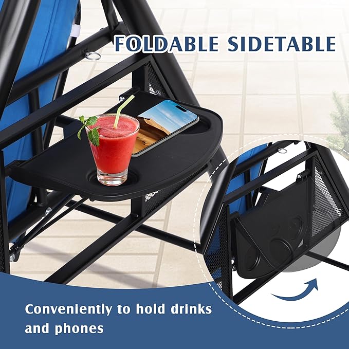 Grepatio Outdoor Porch Swing with Canopy and Stand, 3 Person Patio Swing for Adults, Convertible 2 in 1 Porch Bed Swing with Cup Holder, 3 Seat Swings with 2 Pillow Cushions for Garden, Yard (Blue)