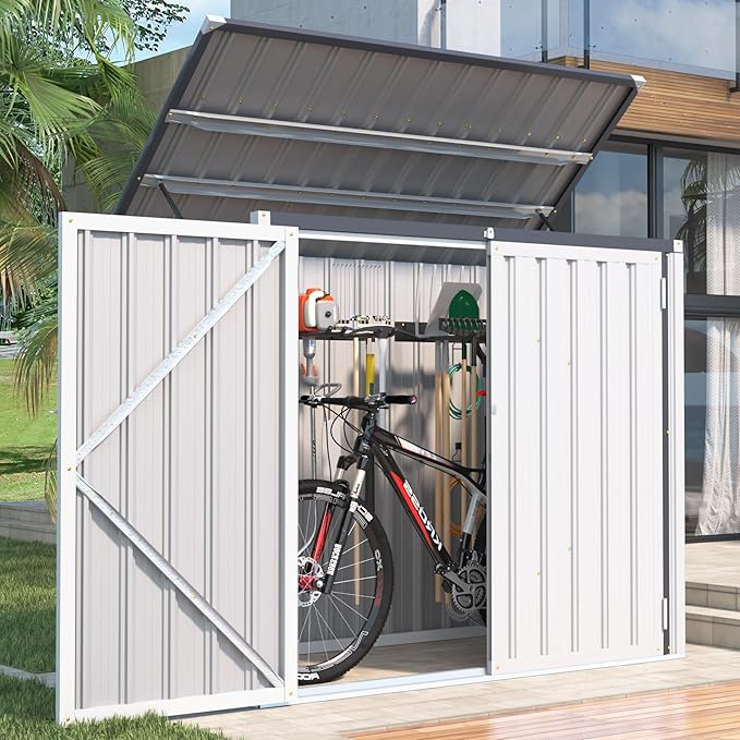 AECOJOY Outdoor Trash Can Storage, 46 Cu.Ft White Trash Can Storage Cabinet Shed Outdoor Horizontal Storage Cabinet Waterproof, Garbage Can Storage Bicycle Sheds & Outdoor Storage Clearance