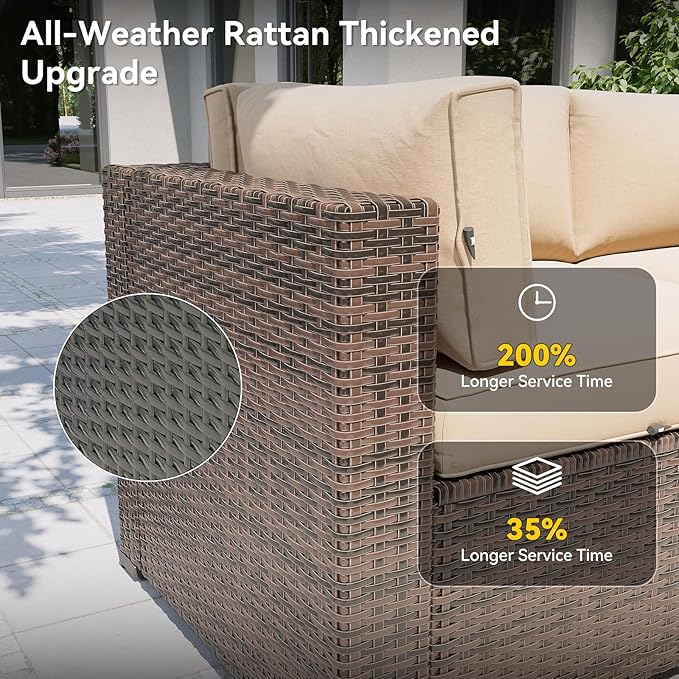 Aoxun Patio Furniture Set with Fire Pit Table, 8 Piece Outdoor Sectional Sofas, Wicker Outdoor Furniture with Thickened Cushion for Backyard, Garden (Brown Rattan Begin Cushions)