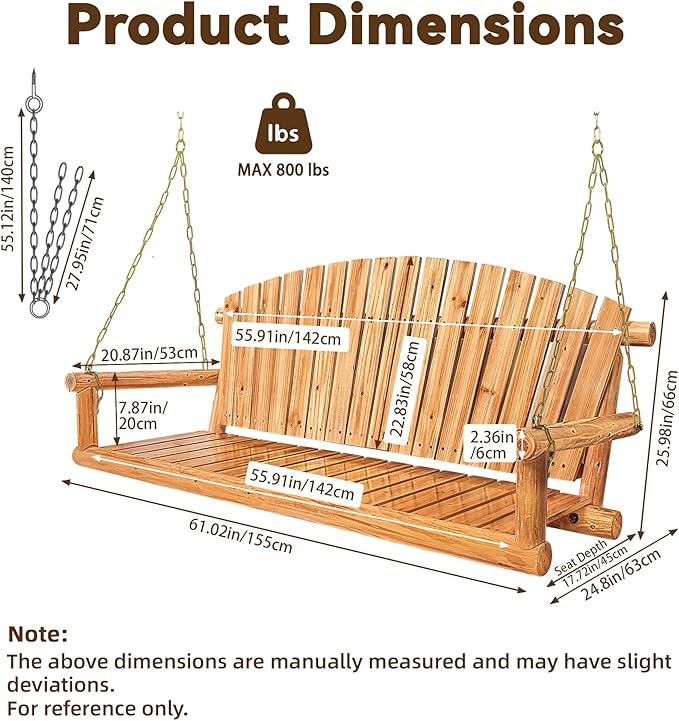 Outdoor Porch Swing Front Porch Hanging Wooden Bench Swing 3 Seat Chair for Garden, Patio, Backyard, Playground, Log Wood 800Lbs, 5 Ft, Lightly Toasted