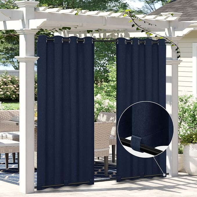 Easy-Going Linen Look Outdoor Curtains Waterproof Windproof Porch Curtains, Soft Thicken Outdoor Privacy Curtains for Patio, Gazebo, Grommet Top and Tab Bottom Drape, 1 Panel, 110x108 inch, Navy