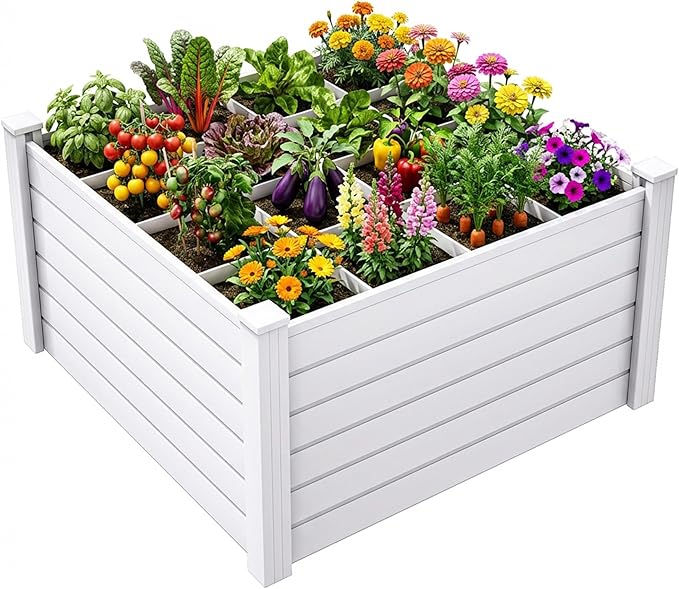 YITAHOME 4x4x2 FT Plastic Raised Garden Bed Kit, Large Outdoor Above Ground Planter Box with Growth Grid for Plants, Vegetables, and Flowers, Easy Installation, White