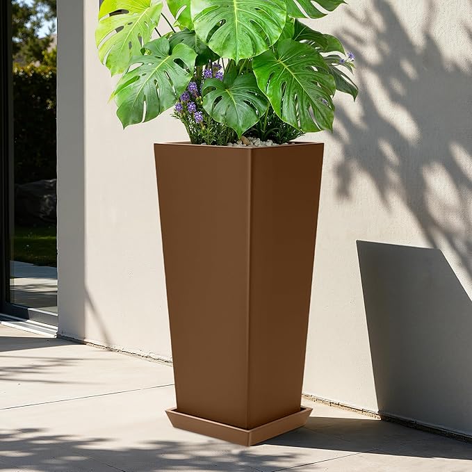 Set of 2 Large Planters for Outdoor Plants 24" Tall Tapered Modern Flower Pots with Drainage Tray for Garden, Patio, Porch (Brown)