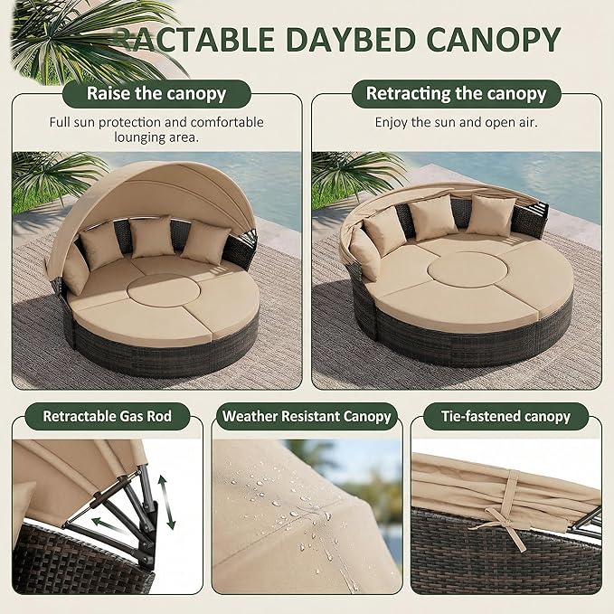 Crownland Outdoor Daybed with Retractable Canopy, Patio Round Daybed with Washable Cushions, Clamshell Sectional Seating, Wicker Furniture for Backyard, Patio, Garden, Pool (Light Brown)