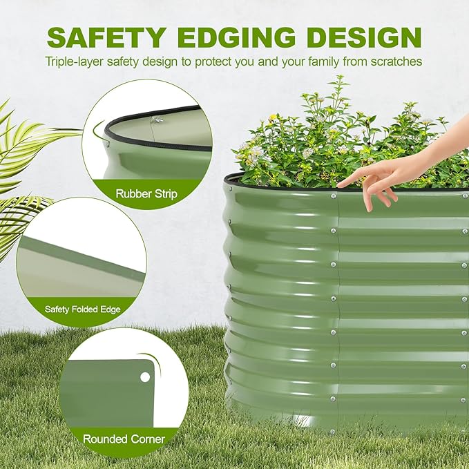 24" Tall Galvanized Raised Garden Bed Outdoor, 4x2x2ft Deep Metal Planter Box with Safety Edging & Support Bars, Large Oval Raised Beds for Gardening Plants Vegetables Herbs Flowers (Olive Green)