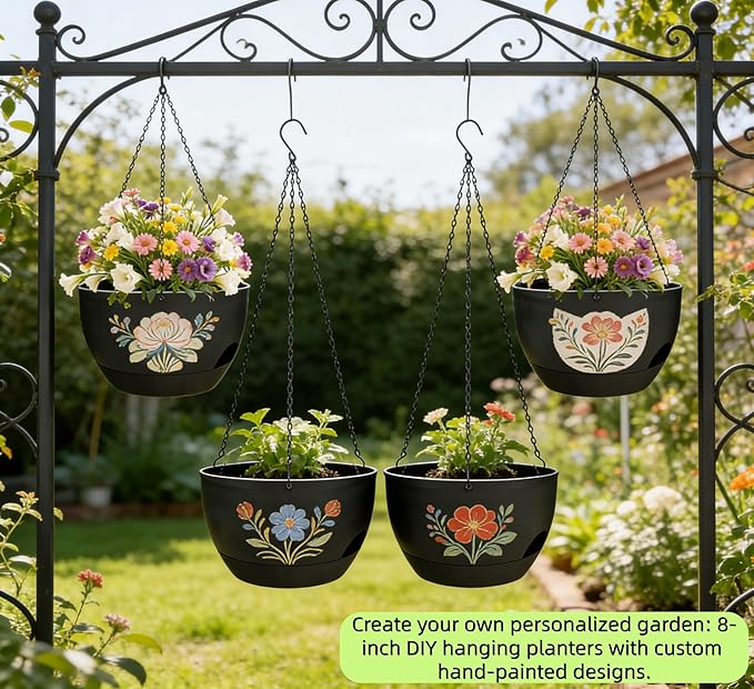Set of 2-8 Inch Self Watering Hanging Planters for Indoor Outdoor，Hanging Plant Pots with Drainage & Removable Tray, Hanging Pots Holder for Ivy, Pothos, Ferns, Balcony & Patio, Black
