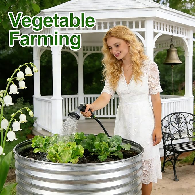 Round Galvanized Raised Garden Bed Kit, Round Galvanized Planter for Vegetables/Herbs/Flowers Heavy-Duty Steel Outdoor Water Trough (Silver, 5X5X1FT)