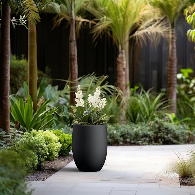 Kante 16.5 Inch Tall Concrete Planter, Large Indoor Outdoor Plant Pot with Drainage, Smooth Black Finish with Painted Interior, Ideal for Porch, Home, Garden, Patio