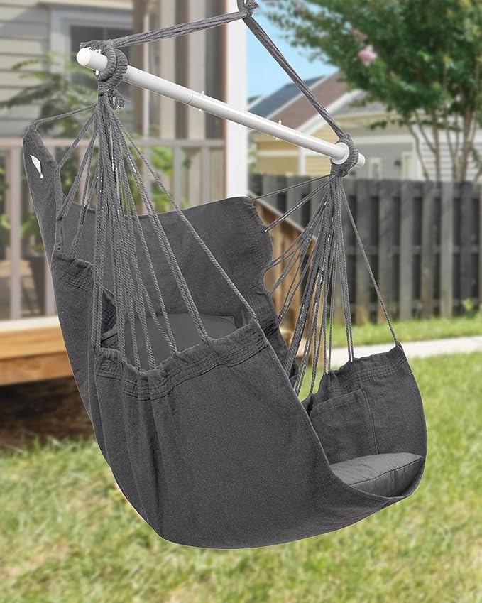 MIZTLI Hammock Chair Hanging Chair Swing Chair Hanging Chair for Bedroom Indoor Outdoor- Max 500 Lbs－Steel Spreader Bar with Anti-Slip Rings, 2 Cushions