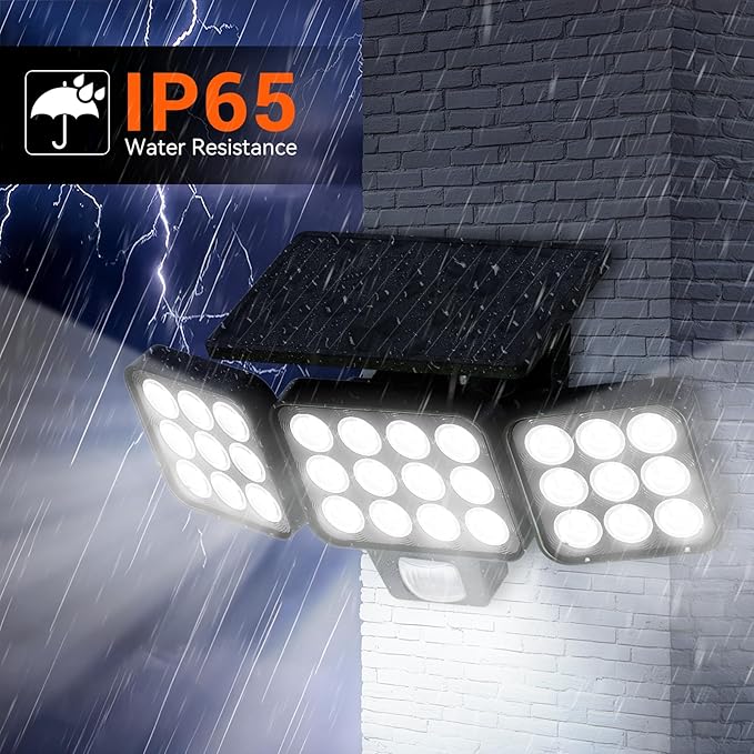 WdtPro Solar Lights Outdoor Flood Light 3 Pack, 3500LM Bright Motion Sensor Outdoor Lights, 3 Heads & Upgrade Glass Panel, LED Solar Powered Security Light Spotlights Waterproof for Outside Yard