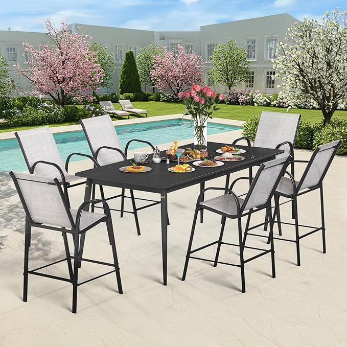 HOMREST Outdoor Bar Height Stools Set of 6,High Back Patio Chairs with Armrests,Textilene Chairs with Breathable Fabric & Metal Frame for All Weather,Light Grey