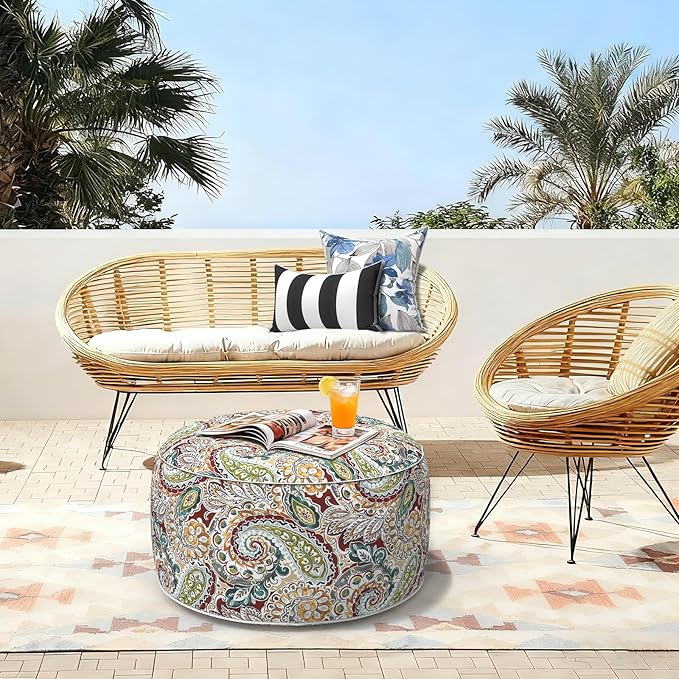 LVTXIII Outdoor Inflatable Ottoman, Fade-Resistant Round Footrest Stool D31”x H14”, Portable Patio Pouf for Garden Camping or Home Use, Paisley Chilli