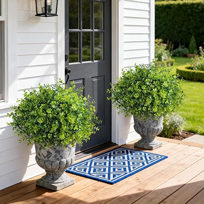 Artificial Faux Outdoor Plants for Spring Summer Decoration, 12 Bundles Fake Plastic Eucalyptus UV Resistant Look Real Fake Plants for Planter Outside Front Door Porch Patio Balcony Garden Indoor Yard