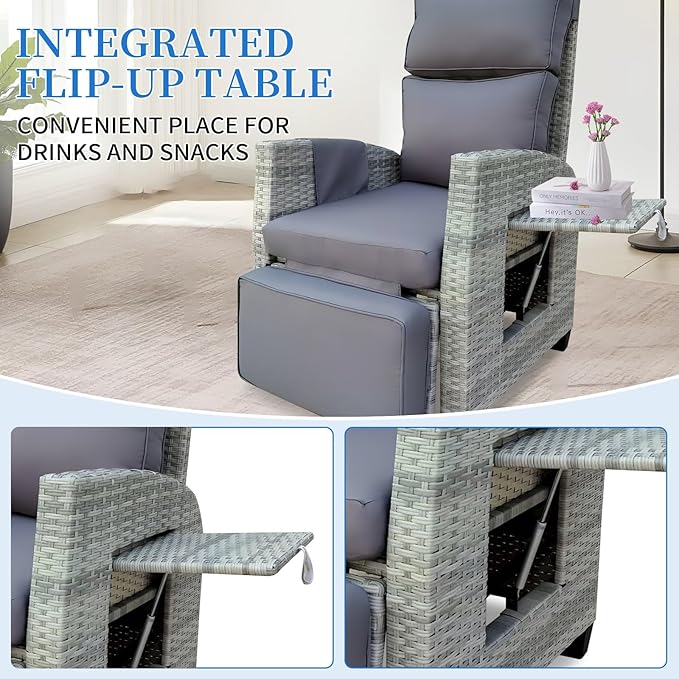 Wicker Outdoor Recliner | 145° Wicker Patio Reclining Chair with 4" Cushion | Air Pump Adjustable Backrest & Footrest, Flip-up Table & Side Pocket for Yard Patio Porch (Gray)