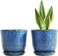 Gepege Beaded Ceramic 6 Inch Planter Set of 2 with Drainage Hole and Saucer for Plants, Indoor-Outdoor Large Round Succulent Orchid Flower Pot (Blue, Inner-pots not Larger Than 5 Inch)