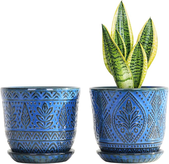 Gepege Beaded Ceramic 6 Inch Planter Set of 2 with Drainage Hole and Saucer for Plants, Indoor-Outdoor Large Round Succulent Orchid Flower Pot (Blue, Inner-pots not Larger Than 5 Inch)