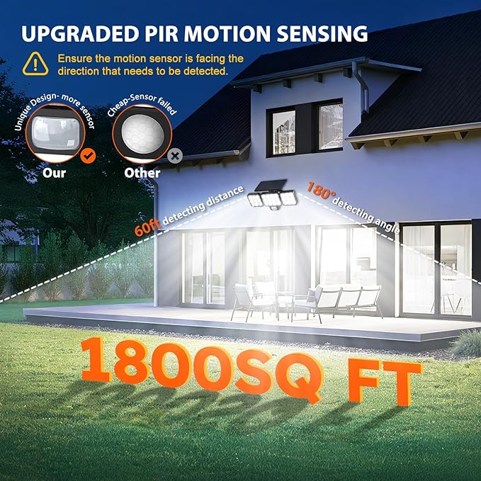 WdtPro Solar Lights Outdoor Flood Light, 3500LM Bright Motion Sensor Outdoor Lights, 3 Heads & Upgrade Glass Panel, LED Solar Powered Security Light Spotlights Waterproof for Outside Yard-2Pack
