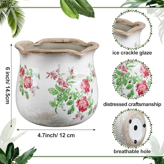 6 Inch Ceramic Plants Pots Vintage Ceramic Flower Planters Crackle Glaze Finish Flower Pots Decorative Floral Vintage Planters for Living Room Garden Home Decor Gifts(Classic)