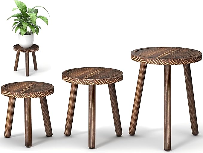 3-Pack Wood Plant Stands Indoor, Single Plant Stand for 6-12 Inch Pots, Mid-Century Modern Plant Stool, Tall Plant Stand for Large Plants Perfect Fit for Living Room, Balcony, Office