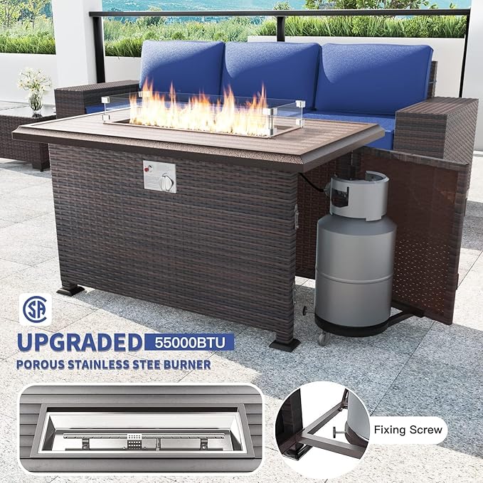 Kullavik 13 Pieces Outdoor Patio Furniture Set,PE Wicker Rattan Sectional Sofa Patio Conversation Sets with 43" 55000BTU Gas Propane Fire Pit Table,Swivel Rocking Chairs Set,Navy Blue