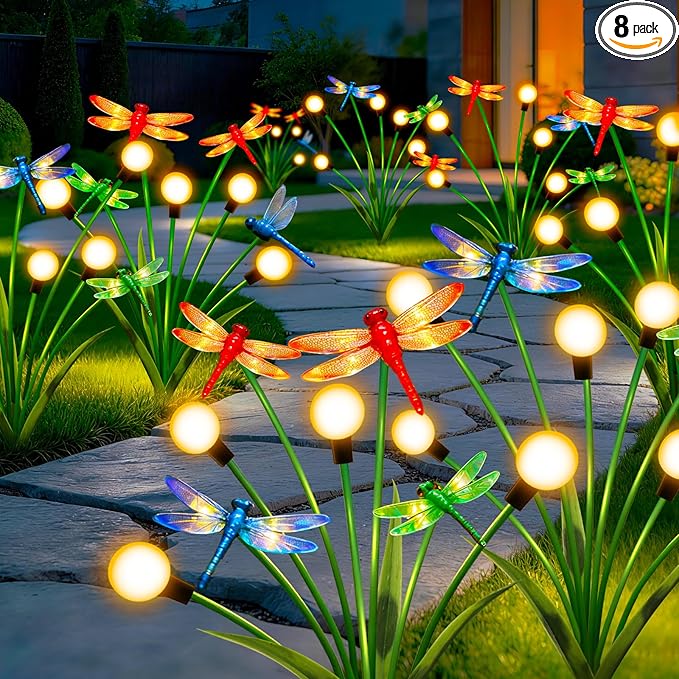 Solar Garden Lights Outdoor - 8 Pack Dragonfly Solar Swaying Light, Sway by Wind, Firefly Lights Outdoor Yard Patio Pathway Decoration, Big Bulb, High Flexibility Iron Wire & Realistic Dragonflies