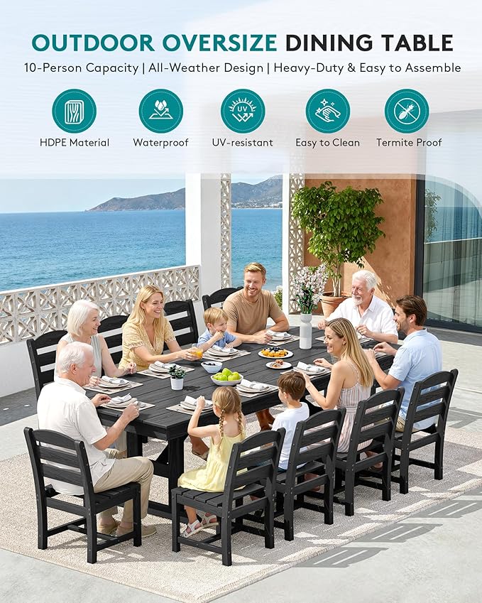 SERWALL Outdoor Dining Chairs Set of 4, All-Weather HDPE Patio Chair with 19.7" Widened Seat, for Backyard, Garden, Black