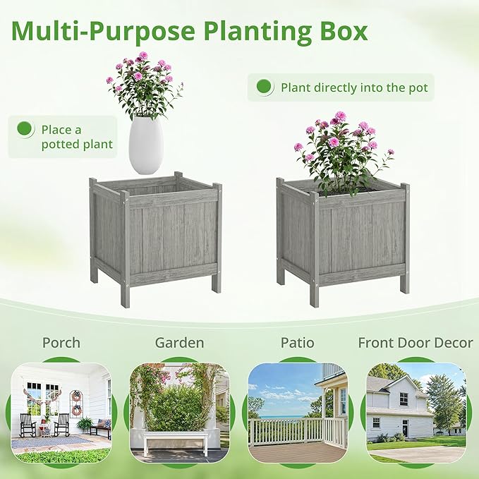 LUE BONA Outdoor Plant Pots, 13.7" x 12.5" x 14.5" HDPS Flower Pots with Drainage Holes, Outdoor Planters Boxes for Outdoor Plants - Porch Patio, Garden or Entryway, Light Gray-Oil Printed