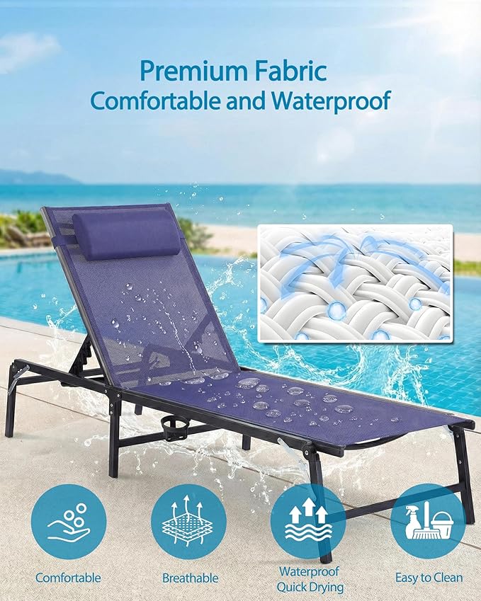 4 Pack Foldable Chaise Lounge Chair with Cup Holder, Assemble-Free Outdoor Lounge Chair with Detachable Pillow and 6 Adjustable Backrest, Patio Lounge Chair for Outside Poolside Beach Pool, Blue