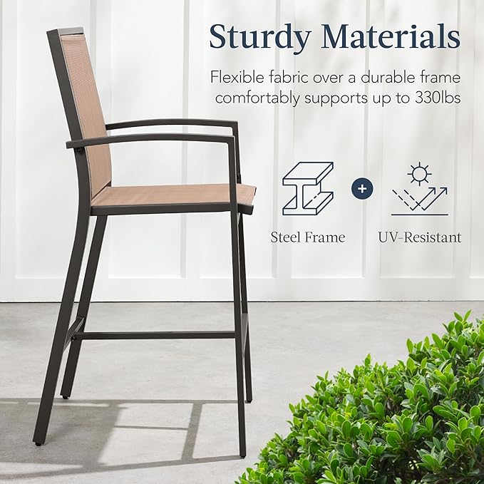 Best Choice Products Outdoor Bar Stools Set of 2, Bar Height, Patio Furniture, All Weather Mesh Design w/Armrest - Brown/Light Brown