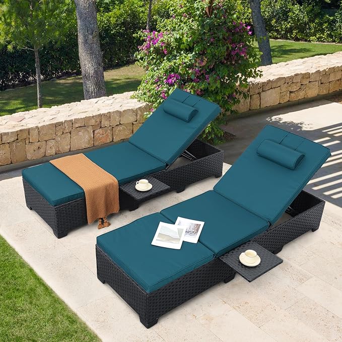 WAROOM Outdoor Chaise Lounge Chairs for Outside Patio Furniture Set of 2 Wicker Recliner Black Rattan Sunbathing Lounger Adjustable Backrest Pool Reclining Chair, Peacock Blue Cushion