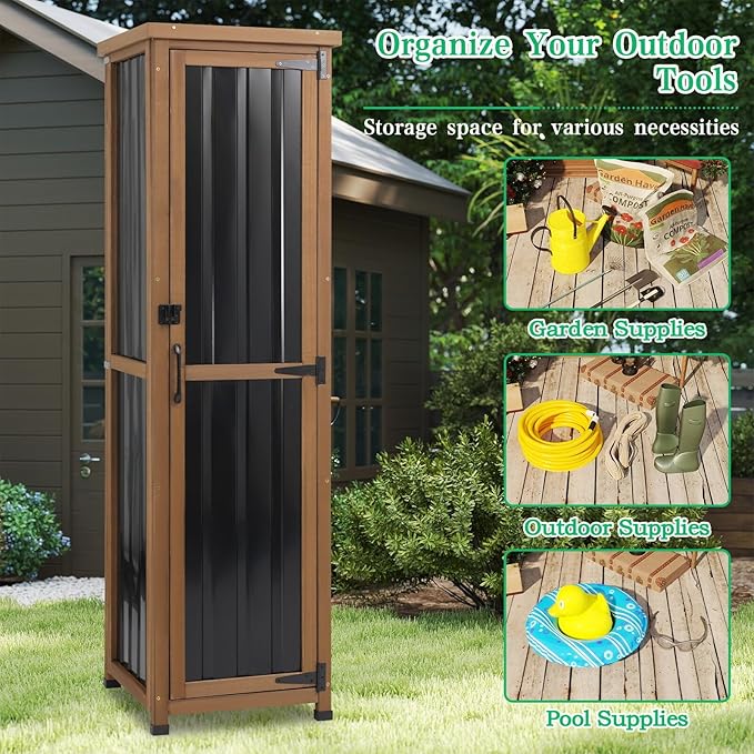 Outdoor Storage Cabinet Weatherproof, Tall Wood Garden Potting Bench Table with Removable Shelves, Metal Top, Outdoor Patio Cabinet Work Station for Tool Accessories,17.8''x17.8''x62''
