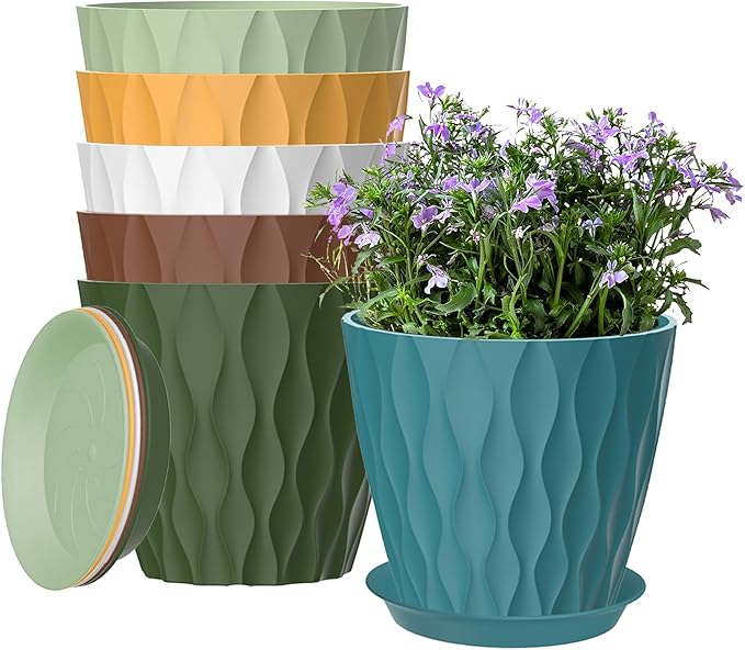 6 Pack 7 Inch Plant Pots with Drainage and Saucers, Multicolour Plastic Flower Pots for Indoor and Outdoor Plants, Stackable Nursery Planters for Houseplants and Herbs, Multicolour