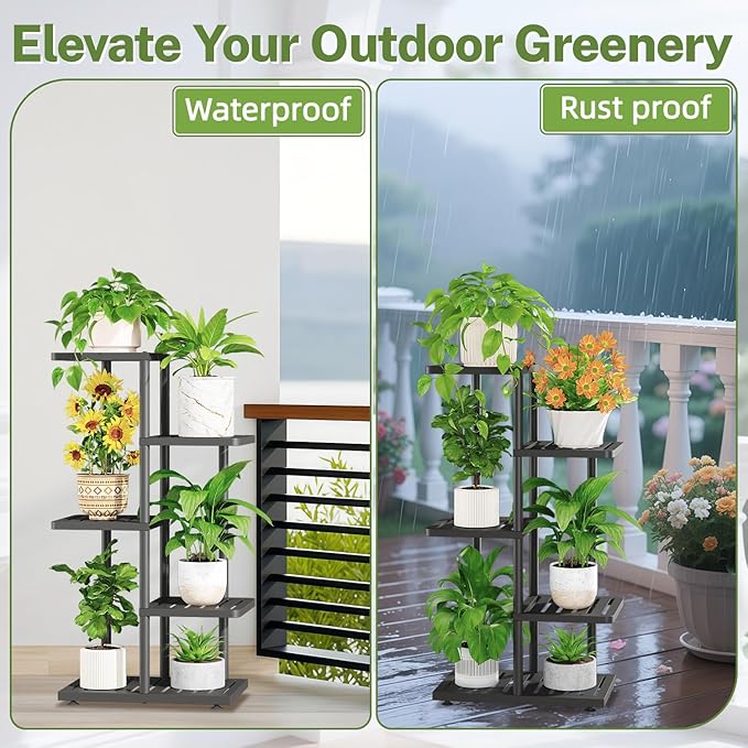 iDavosic.ly Plant Stand Indoor Outdoor, 4-Tier Tall Metal Flower Shelf for Heavy-Duty Large Planters, Corner Orchid Display Rack for Living Room Balcony Patio Porch, Space Saving, Modern Black