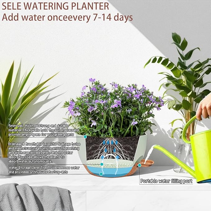 2 Pack 12 Inch Self Watering Hanging Planters for Indoor Plants, Large Green Brown Plastic Hanging Pots with Chains for Outdoor Patio Garden Home Decor Green Brown