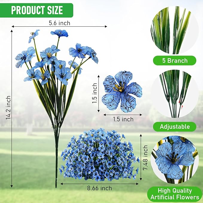 60 Pack Artificial Flowers for Outdoor Indoor Fake Plants, Faux Silk Flowers for Outdoors Outside Front Porch Hanging Planter Window Box Garden Spring Decoration(Blue)