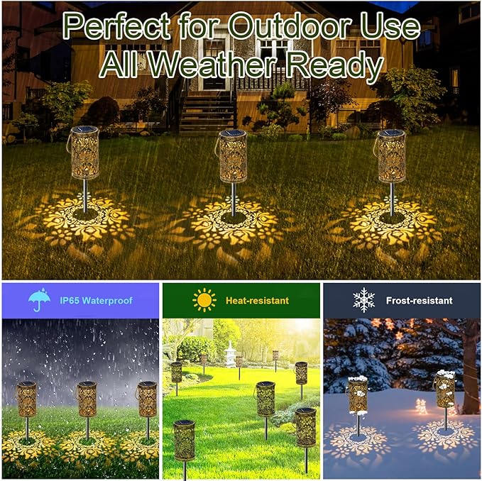 4 Pack Solar Pathway Lights Lights Outdoor, LED Solar Lantern Bright Metal Retro Waterproof, Outside Decorative Rose Hanging Lanterns Solar Powered for Path Lawn Patio Yard Walkway (Rose, 4 Pack)