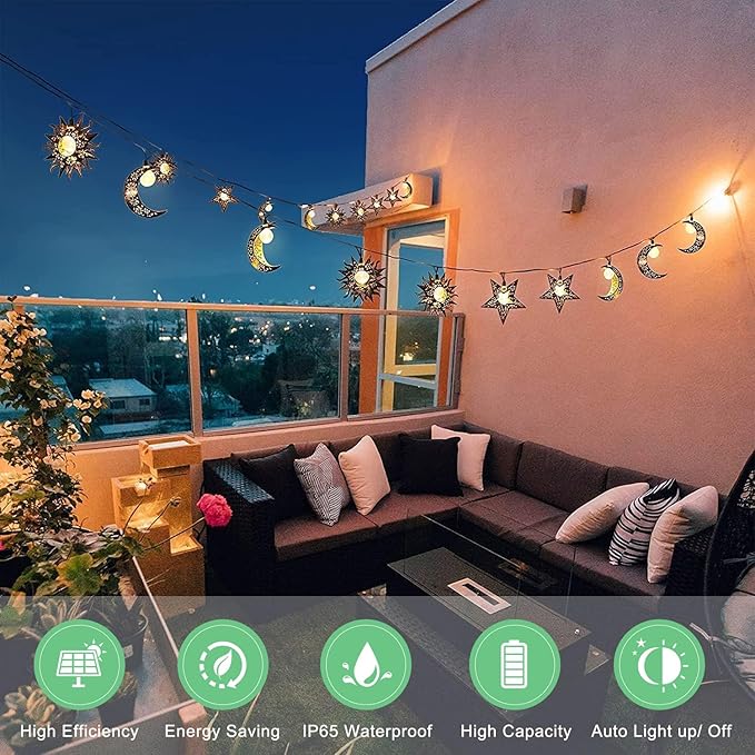 Beautyard Solar String Lights Outdoor Star Moon Sun 13Ft 153In Led Solar Powered Decorative Lights for Garden Patio Yard Trees Mothers Birthday Gifts Party (Warm White) (Star Moon Sun String Lights)